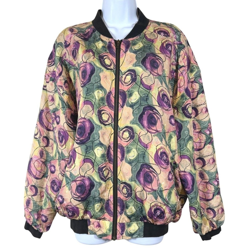 Vintage 80s Bomber Jacket Women LG Floral Purple Pink Garden maximalist abstract